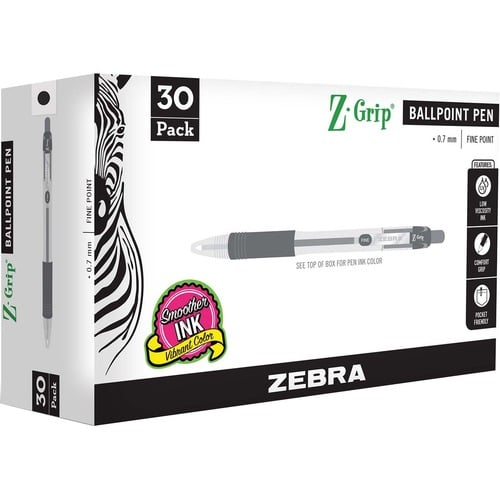 Zebra Pen Z-Grip Retractable Ballpoint Pen, 0.7 mm Point, Black Ink, Latex-Free Rubber Grip, 30/PK