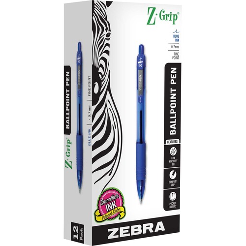 Zebra Pen Z-Grip Ballpoint Pen, 0.7 mm, Retractable, Blue Ink, Latex-Free Rubber Grip, Metal Clip, 12/PK