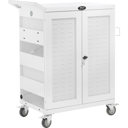 Tripp Lite Charging Cart, Hospital-Grade Mobile, 32-Device, Steel, White, UV-C Sanitizing, Locking Door, for Laptops up to 15"