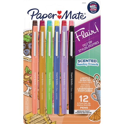 Paper Mate Flair Pens, 0.7 mm mm Medium, Multicolor Scented Felt Tip, Smear-Proof Water-Based Ink, 12/PK