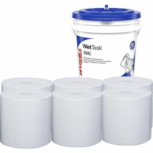 Wypall WetTask Wipers, PowerClean, Closed-Top Bucket, 12" x 6", 140 Sheets/Roll, White, for Disinfectants, Sanitizers and Solvents, 6/CT