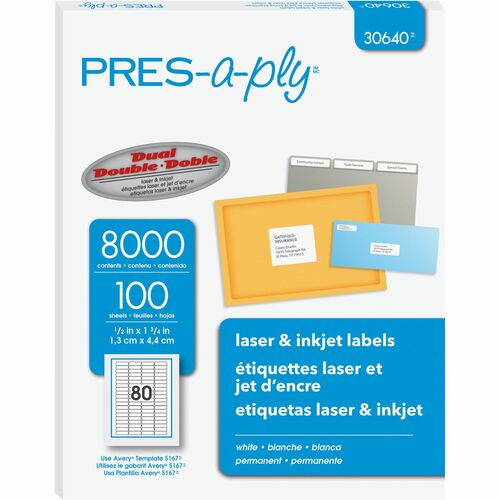 PRES-a-ply Address Label - - HeightPermanent Adhesive - Rectangle - Laser, Inkjet - White - Paper - 80 / Sheet - 100 Total Sheets - 80000 Total Label(s) - 8000Pack - 10 / Carton