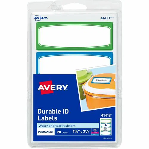 Avery Multipurpose Labels, TrueBlock, 3.5" x 1.25", Water-Resistant Film, Dishwasher/Microwave Safe, Permanent Adhesive, Blue/Green Border, 5/PK