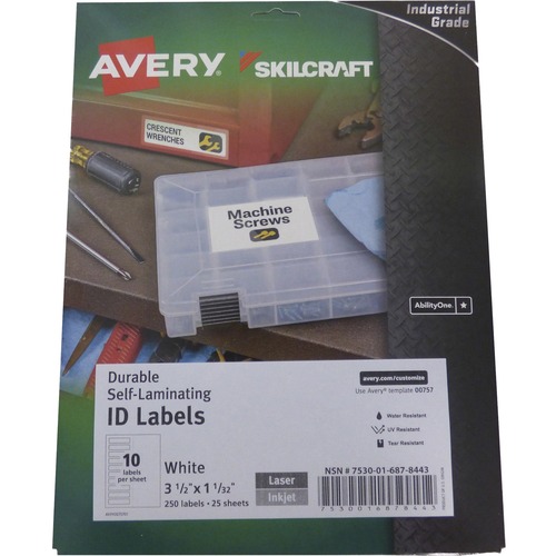 SKILCRAFT Avery Durable Self-Laminating ID Labels - 3 1/2" Width x 1 1/32" Length - Permanent Adhesive - Rectangle - Laser, Inkjet - White - 25 Total Sheets - 250 Total Label(s) - 250 / Pack