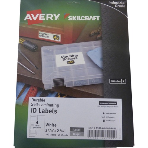 SKILCRAFT Avery Durable Self-Laminating ID Labels - 3 5/16" Width x 2 5/16" Length - Permanent Adhesive - Rectangle - Laser, Inkjet - White - 25 Total Sheets - 100 Total Label(s) - 100 / Label