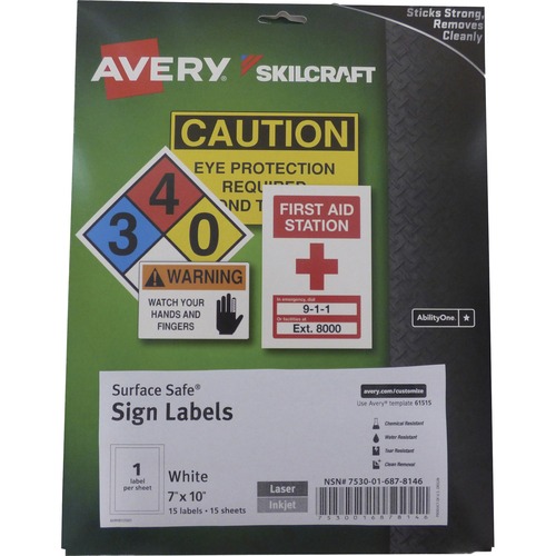 SKILCRAFT Avery Surface Safe Sign Labels - 7" Width x 10" Length - Removable Adhesive - Rectangle - Laser, Inkjet - White - Polyester - 15 Total Sheets - 15 Total Label(s) - 15 / Box