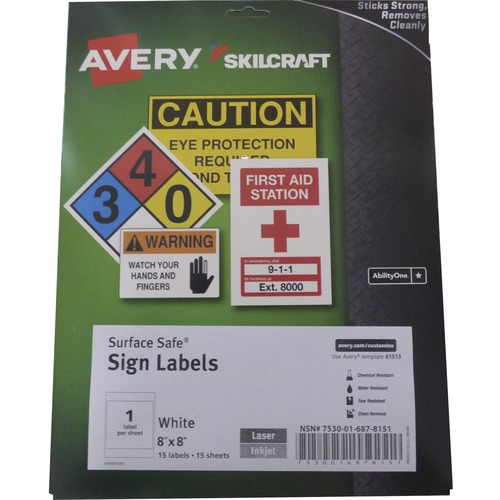 SKILCRAFT Avery Surface Safe Sign Labels - 8" Width x 8" Length - Removable Adhesive - Square - Laser, Inkjet - White - Polyester - 15 Total Sheets - 15 Total Label(s) - 15 / Box