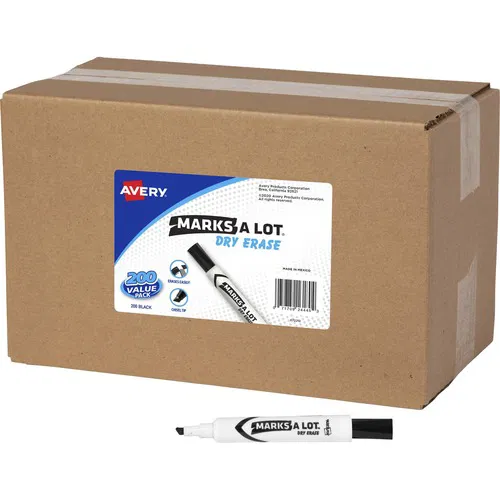 Avery Marks-A-Lot Dry Erase Markers, Black, 1/5" Chisel Tip, Low-Odor Cap-Off Ink, 200/CT