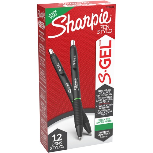 Sharpie Gel Pen, S-Gel, 0.7 mm, Green Ink, Retractable, Contoured Grip, 12/PK