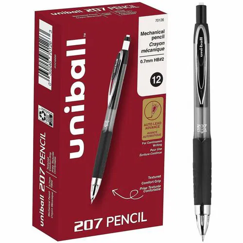 Uni-Ball 207 Mechanical Pencil, 0.7 mm HB (#2) Black Lead, Black Barrel, Self-Advancing Lead, 12-Corner Eraser, Cushioned Tip, 12/PK