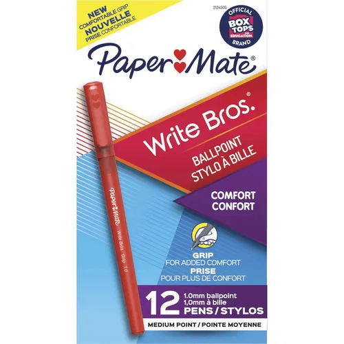 Paper Mate, Ballpoint Pen, Write Bros, 1 mm Medium Conical, Red Ink, Comfort Grip, Red Barrel, 12/PK