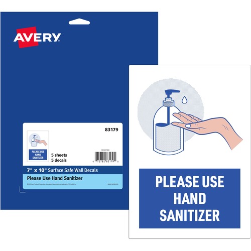 Avery® Surface Safe USE HAND SANITIZER Wall Decals - Print/Message "Please Use Hand Sanitizer" - 7" Width x 10" Height - Rectangular Shape - Water Resistant, Pre-printed, Chemical Resistant, Abrasion Resistant, Tear Resistant, Durable, UV Resistant, R