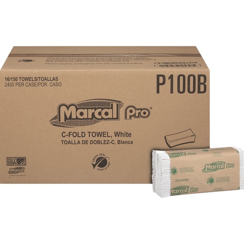 Marcal Recycled C-Fold Paper Towels, 1-Ply, 12.87" x 10.12", White, 150 Sheets/Sleeve, 16/CT