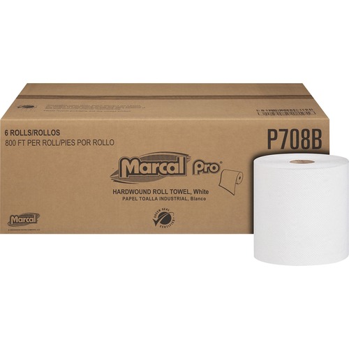 Marcal Paper Towel, Hardwound, Full Size, 1-Ply, 7.87" x 800 ft, White, 100% Post-Consumer Recycled, Green Seal, 6/CT