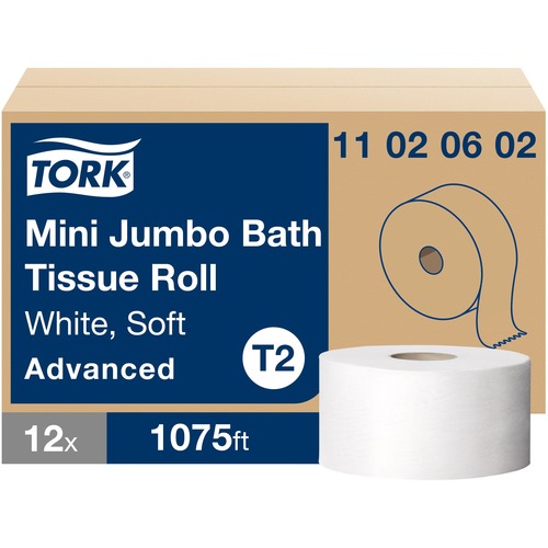 Tork Bathroom Tissue, Washroom, T2 Mini Jumbo, 2-Ply, 1075 Sheets, White, 12/CT