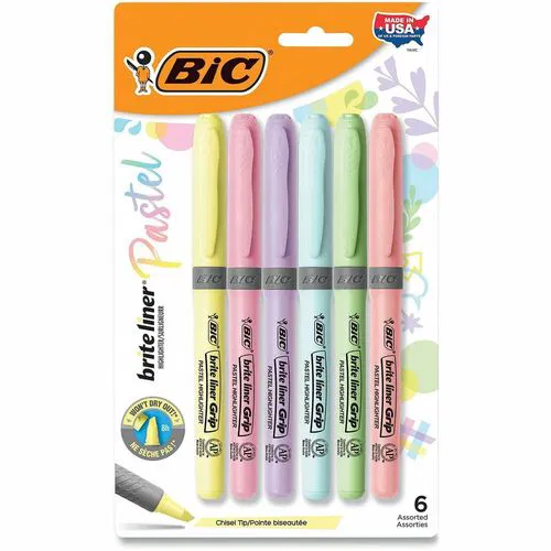 BIC Brite Liner Grip Highlighters, Assorted, 6 Pack - 1.6 mm Chisel Marker Point - Assorted Ink - 6 Pack