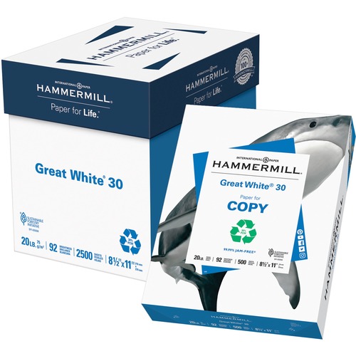 Hammermill Copy and Multipurpose Paper, Great White, Letter 8.5" x 11", 20 lb, 92 Brightness, 30 Percent Recycled, Acid-Free, 2,500 Sheets, 5/CT