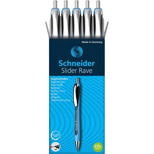 Schneider Ballpoint Pen, Slider Rave, Retractable, 1.4 mm Extra-Broad, Black Ink, Rubberized Black/Light Blue Barrel, Stainless Steel Tip, 5/PK