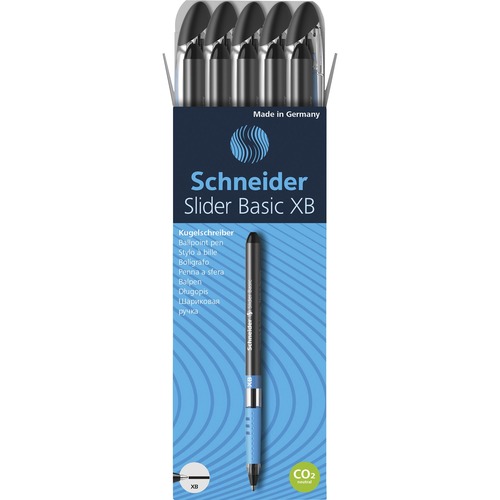 Schneider Ballpoint Pen, Slider Basic, 1.4 mm mm Extra Broad, Black Ink, Transparent Barrel, Rubberized Grip, Stainless Steel Tip, 10/PK