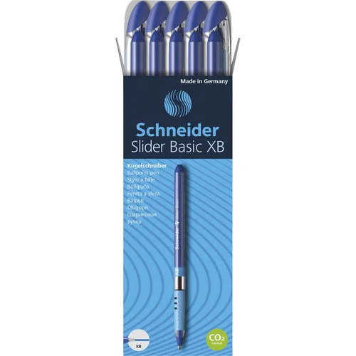 Schneider Ballpoint Pen, Slider Basic, 1.4 mm Extra Broad, Blue Ink, Rubberized Grip, Stainless Steel Tip, 10/PK