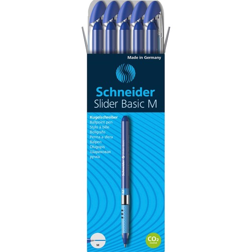 Schneider Ballpoint Pen, Slider Basic, 1 mm Medium, Blue Ink, Transparent Barrel, Rubberized Grip, Stainless Steel Tip, 10/PK