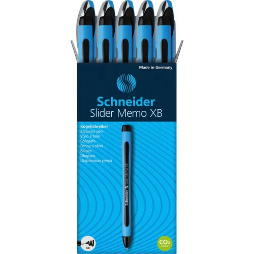 Schneider Ballpoint Pen, Slider Memo, 1.4 mm Extra Broad, Black Ink, Rubberized Barrel, Viscoglide, 10/PK