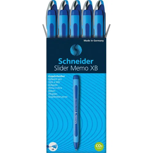 Schneider Slider Memo Ballpoint Pen, 1.4 mm Extra-Broad Stainless-Steel Tip, Blue Ink, Rubberized Light Blue Barrel, Viscoglide, 10/PK