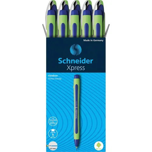 Schneider Porous Point Pen, Xpress, 0.8 mm Medium Tip, Blue Ink, Blue Rubberized Grip, Cap-Off Water-Based Ink, 10/PK