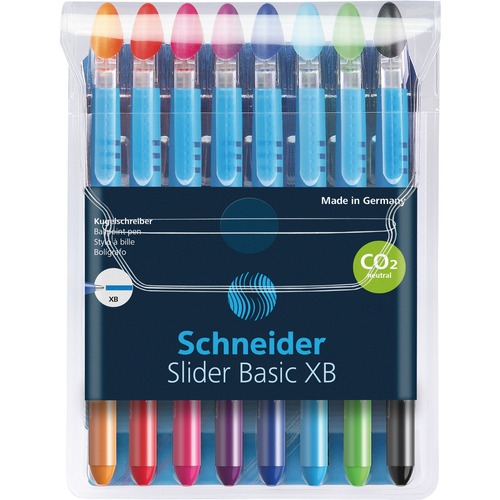 Schneider Ballpoint Pens, Slider Basic, 1.4 mm Extra-Broad, Rubberized Grip, Stainless Steel Tip, Assorted Inks, Transparent Barrel, 8/PK