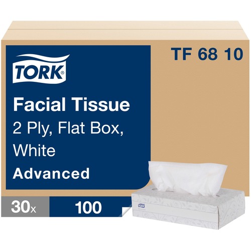 Tork Facial Tissue, Vanity/In-Wall, Flat Box, 2-Ply, Poly-Shield Opening, 7.88" x 8.20", Recycled Fiber, 100/Box