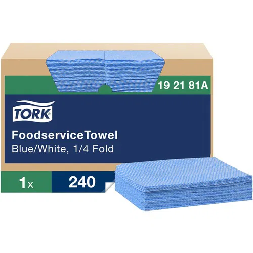 Tork Foodservice Cleaning Towel, Self-Dispensing, 13" x 21", 1-Ply, Quarter-Fold, Blue/White, Viscose/Cotton, Low Linting, 240/Box