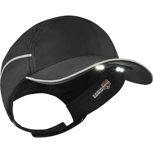 Ergodyne Safety Cap, Skullerz, Long Brim, Built-In LED, Ventilated HDPE Shell, Washable Antimicrobial EPP Pad, Black
