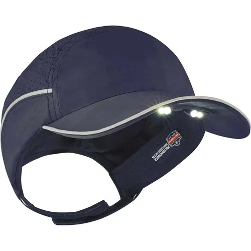 Ergodyne Skullerz Bump Cap, Long Brim LED, 44 Lumens, Ventilated HDPE Shell, Washable Antimicrobial Pad, Navy