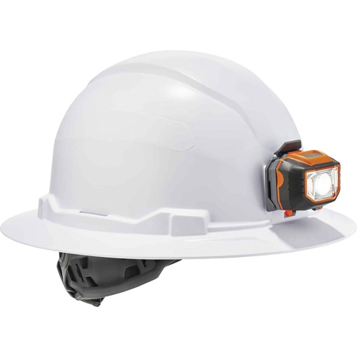 Ergodyne Skullerz Full Brim Hard Hat, Class E, LED Light, 4-Point Ratchet Suspension, Machine-Washable Sweatband, White, Fits 6.5-8 In