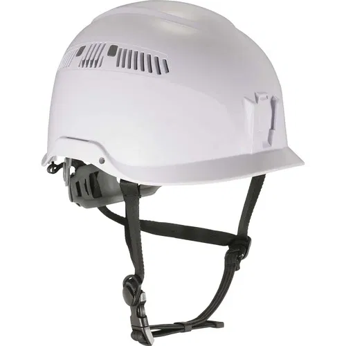 Ergodyne Helmet, Skullerz, Class C, Six-Point Suspension, Short Brim, Chin Strap, Adjustable Ratchet, Vented, Removable Sweatband, White