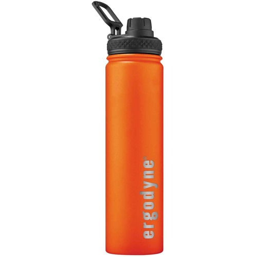 Ergodyne Chill-Its Water Bottle, 25 oz/750 ml, Insulated Stainless Steel, Double-Wall Vacuum Insulation, Orange, Dual Cap, Non-Slip Grip