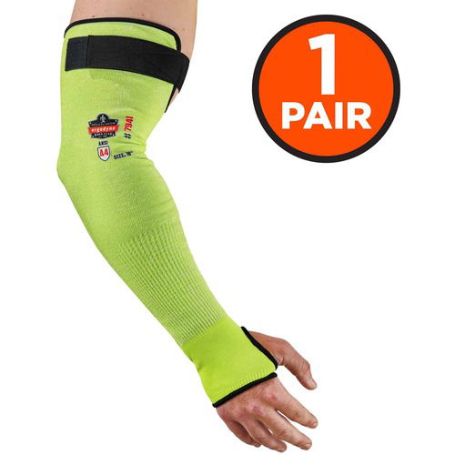 Ergodyne Protective Arm Sleeve, ProFlex, 18" Length, Cut-Resistant, Kevlar Yarn, Lime, High Visibility, Adjustable Fit, 2/Pair