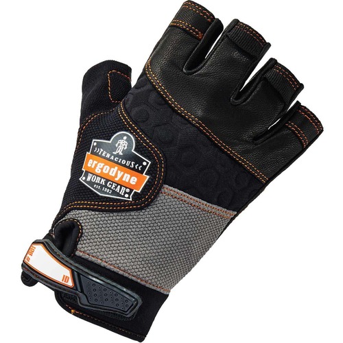 Ergodyne Work Gloves, ProFlex, Half-Finger Leather, Impact-Resistant, Small, Black, Padded Palm, Anti-Vibration, Hook-and-Loop Closure, 2/PR