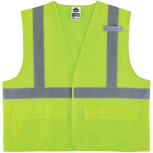 Ergodyne Safety Vest, GloWear, Large/XL, Type R Class 2, Lime Polyester Mesh, 2 in Reflective Tape, Hook and Loop Closure, Pockets, Mic Tab