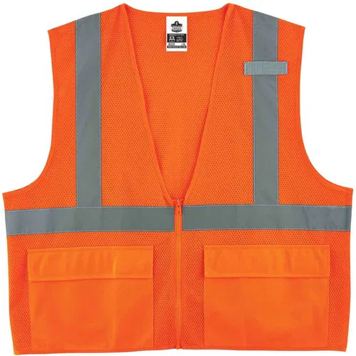 Ergodyne GloWear Safety Vest, Type R Class 2, 4X-5X, Orange Polyester Mesh, 2 in Reflective Tape, Zipper Closure, Pockets, Mic Tab