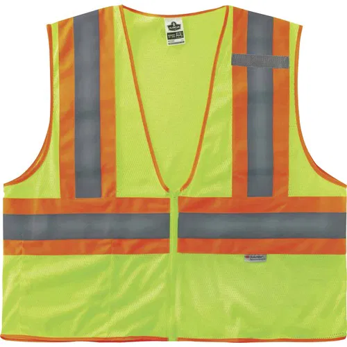 Ergodyne Safety Vest, GloWear, Type R Class 2, Large/XL, Two-Tone Lime Polyester Mesh, Zipper Closure, Pocket, Mic Tab