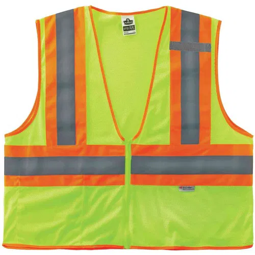 Ergodyne Safety Vest, GloWear Type R Class 2, 2X/3X, Lime Polyester Mesh, Zipper Closure, Mic Tab, Inside Pocket, Reflective Tape