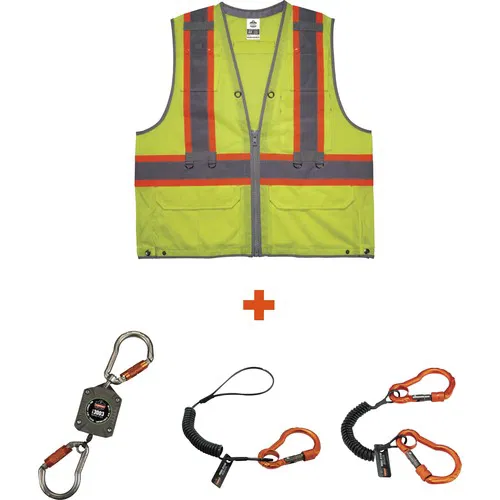 Ergodyne GloWear Tool Tethering Safety Vest Kit, Hi-Vis Lime, Type R Class 2, ANSI/ISEA 107/121, Large/XL, Includes Coil and Retractable Lanyards