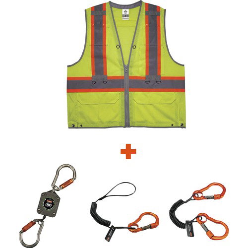 Ergodyne Safety Vest, GloWear Tool Tethering Kit, Type R Class 2 Hi-Vis Lime, Size 2X/3X, Coil and Retractable Lanyards