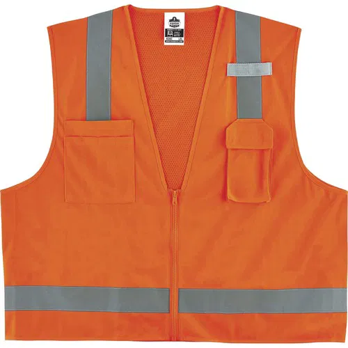 Ergodyne GloWear Safety Vest, Surveyors, Type R Class 2, 2X/3X, Orange Polyester Mesh, Zipper, Pockets, Mic Tab, 2 in Reflective Tape