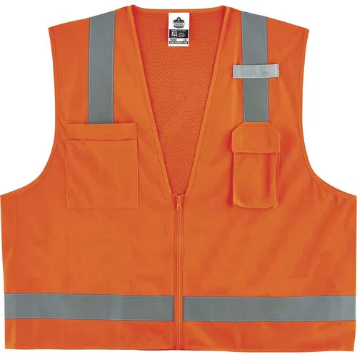 Ergodyne GloWear Safety Vest, Type R Class 2 Surveyor, 4X/5X, Orange, Polyester/Mesh, 2" Reflective Tape, Mic Tab, Pockets, ANSI/ISEA 107-2020