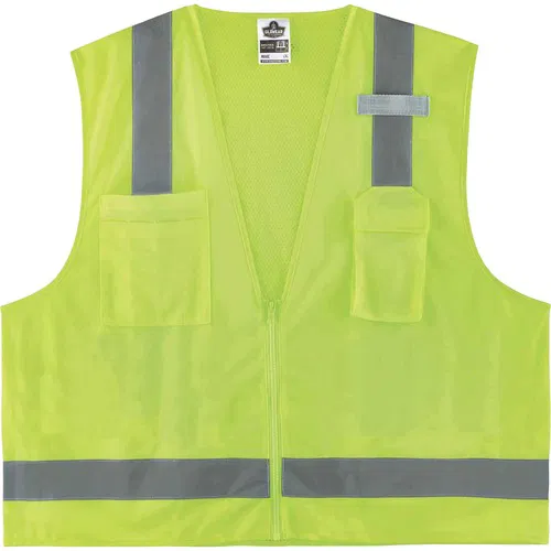 Ergodyne GloWear Safety Vest, Type R Class 2, Large/XL, Lime, Polyester Mesh, 2" Reflective Tape, Zipper, Pockets, Mic Tab