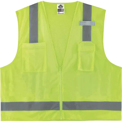 Ergodyne Safety Vest, GloWear, Type R Class 2, Lime, Zipper, 2" Reflective Tape, Front/Mesh Back, 4X/5X, Pockets, Mic Tab