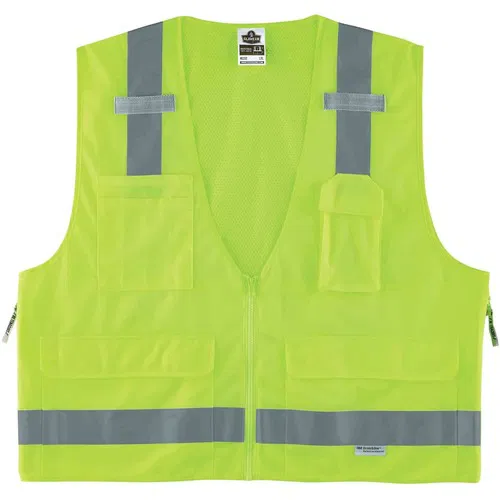 Ergodyne GloWear Safety Vest, Type R Class 2 Surveyors, Dual Size 4X/5X, Lime Polyester Front, Mesh Back, Zipper, Pockets, Mic Tabs