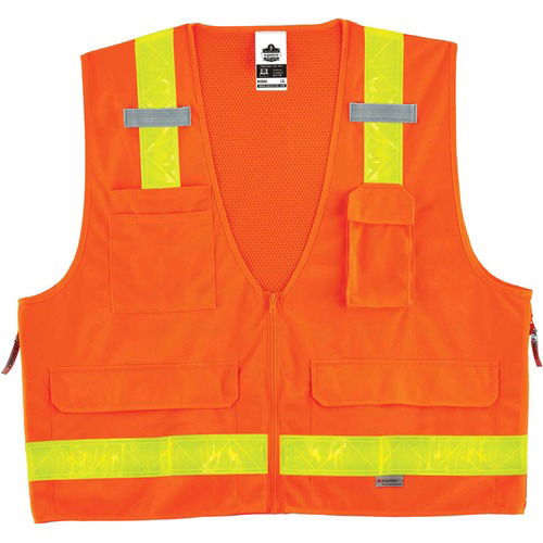 Ergodyne Safety Vest, GloWear, Type R Class 2 Surveyor, Hi-Gloss 2in 3M Reflective Tape, 2X/3X, Orange, Zipper, Pockets, Mic Tabs